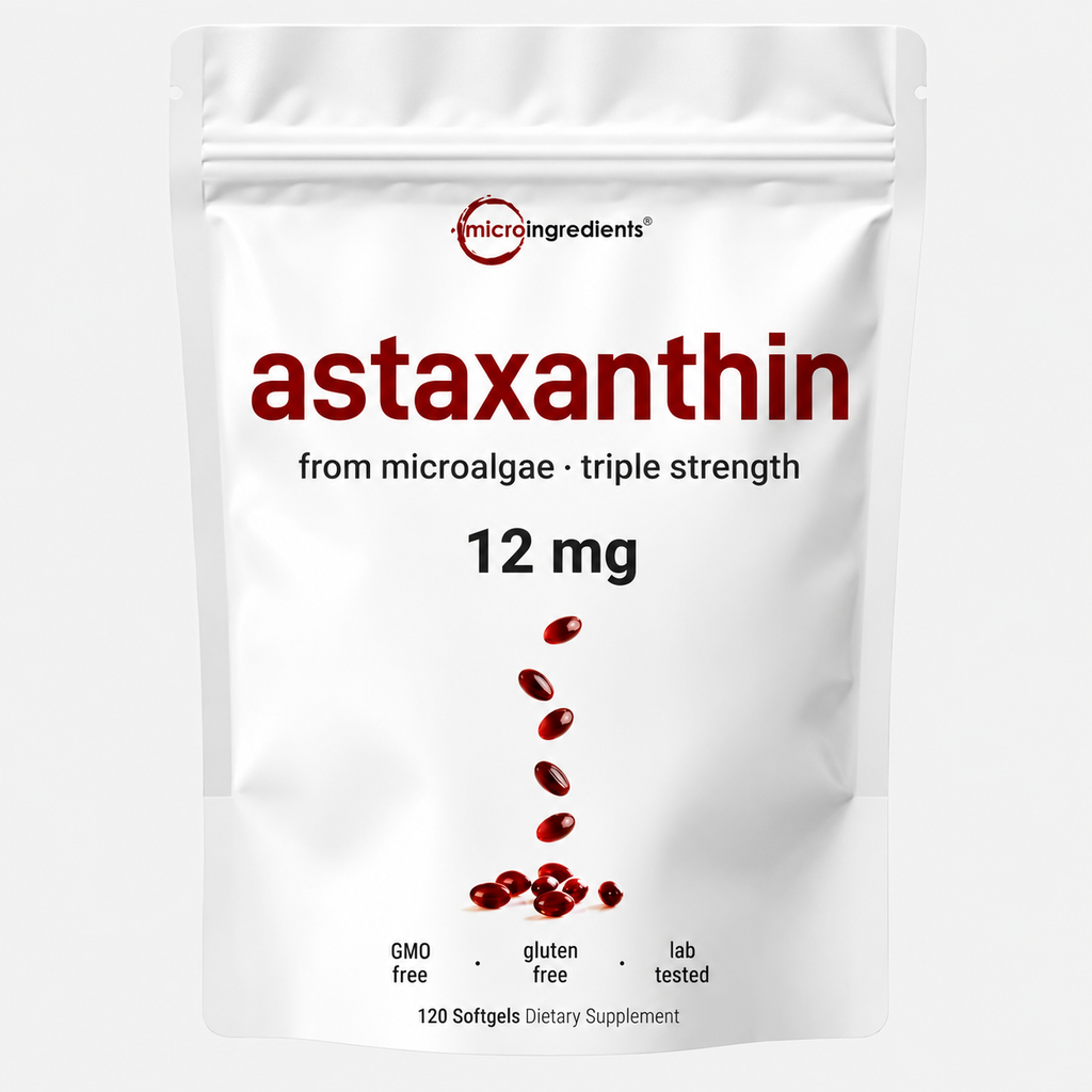 12mg Astaxanthin Softgels from Pure Microalgae Source | Natural Skin & Wellness Support | 120 Easy-to-Swallow Softgels (4-Month Supply)