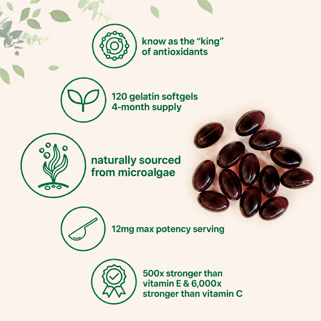 12mg Astaxanthin Softgels from Pure Microalgae Source | Natural Skin & Wellness Support | 120 Easy-to-Swallow Softgels (4-Month Supply)