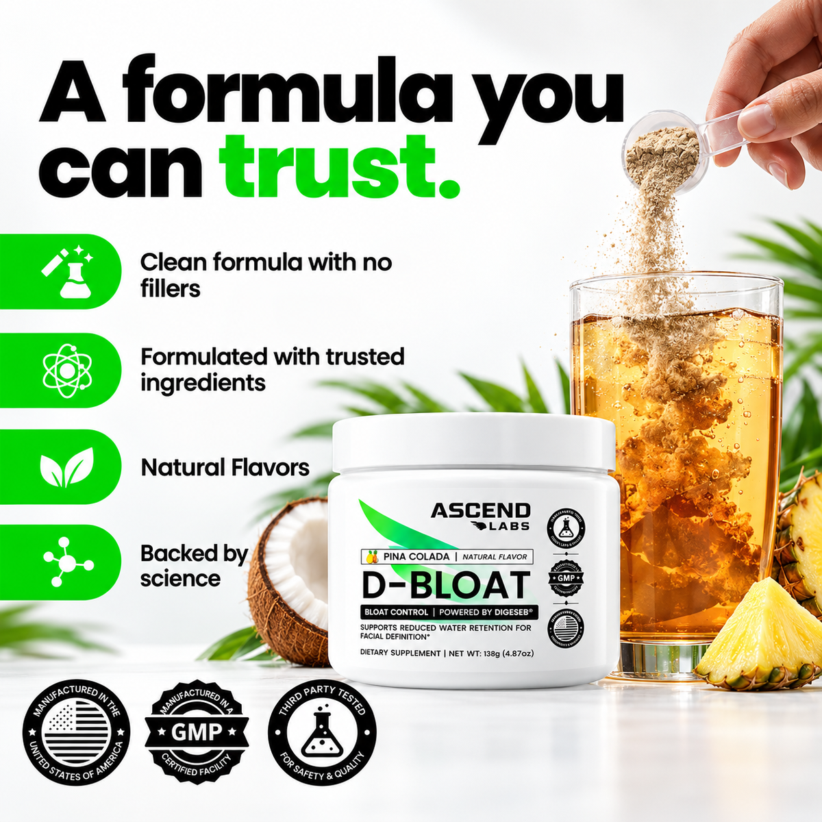 D-BLOAT Daily Debloat Powder - ASCEND LABS - 30 Servings - Natural Bloating Relief & Water Retention Support - Dietary Supplement