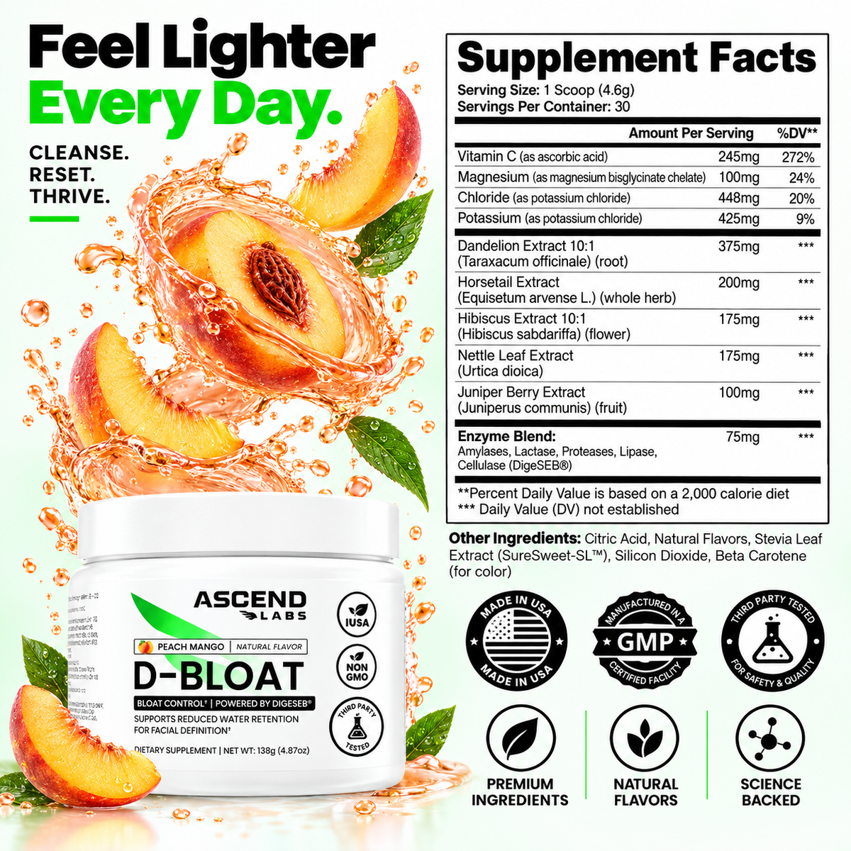 D-BLOAT Daily Debloat Powder - ASCEND LABS - 30 Servings - Natural Bloating Relief & Water Retention Support - Dietary Supplement