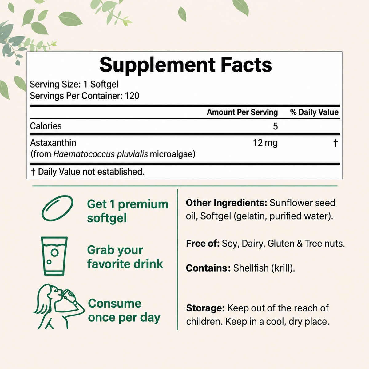 12mg Astaxanthin Softgels from Pure Microalgae Source | Natural Skin & Wellness Support | 120 Easy-to-Swallow Softgels (4-Month Supply)