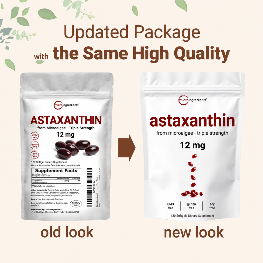 12mg Astaxanthin Softgels from Pure Microalgae Source | Natural Skin & Wellness Support | 120 Easy-to-Swallow Softgels (4-Month Supply)