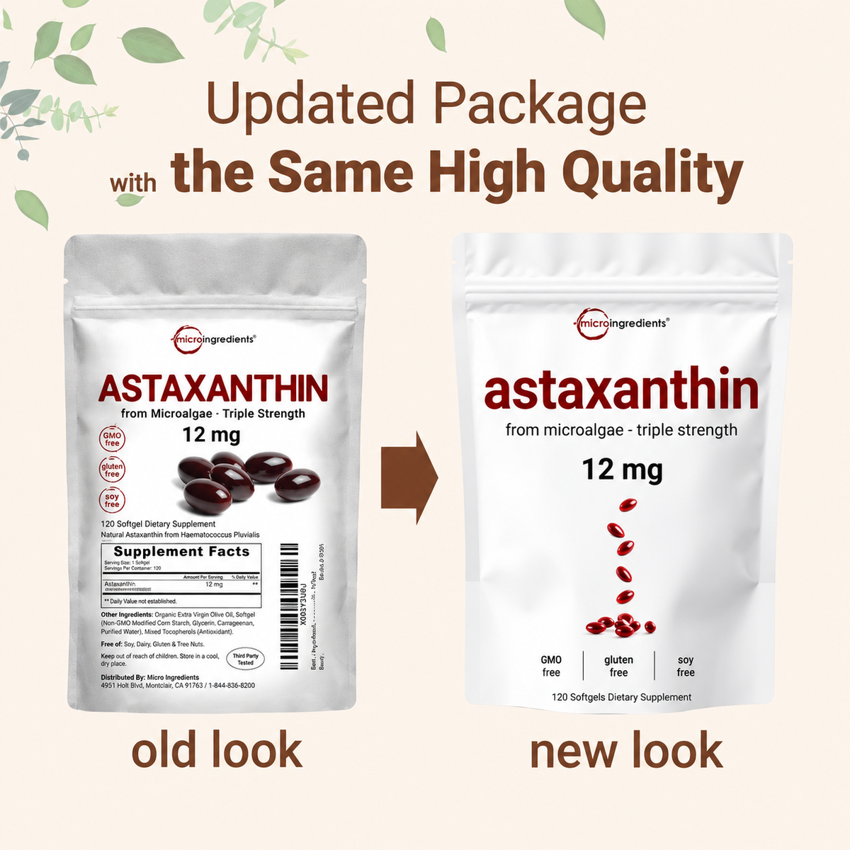 12mg Astaxanthin Softgels from Pure Microalgae Source | Natural Skin & Wellness Support | 120 Easy-to-Swallow Softgels (4-Month Supply)