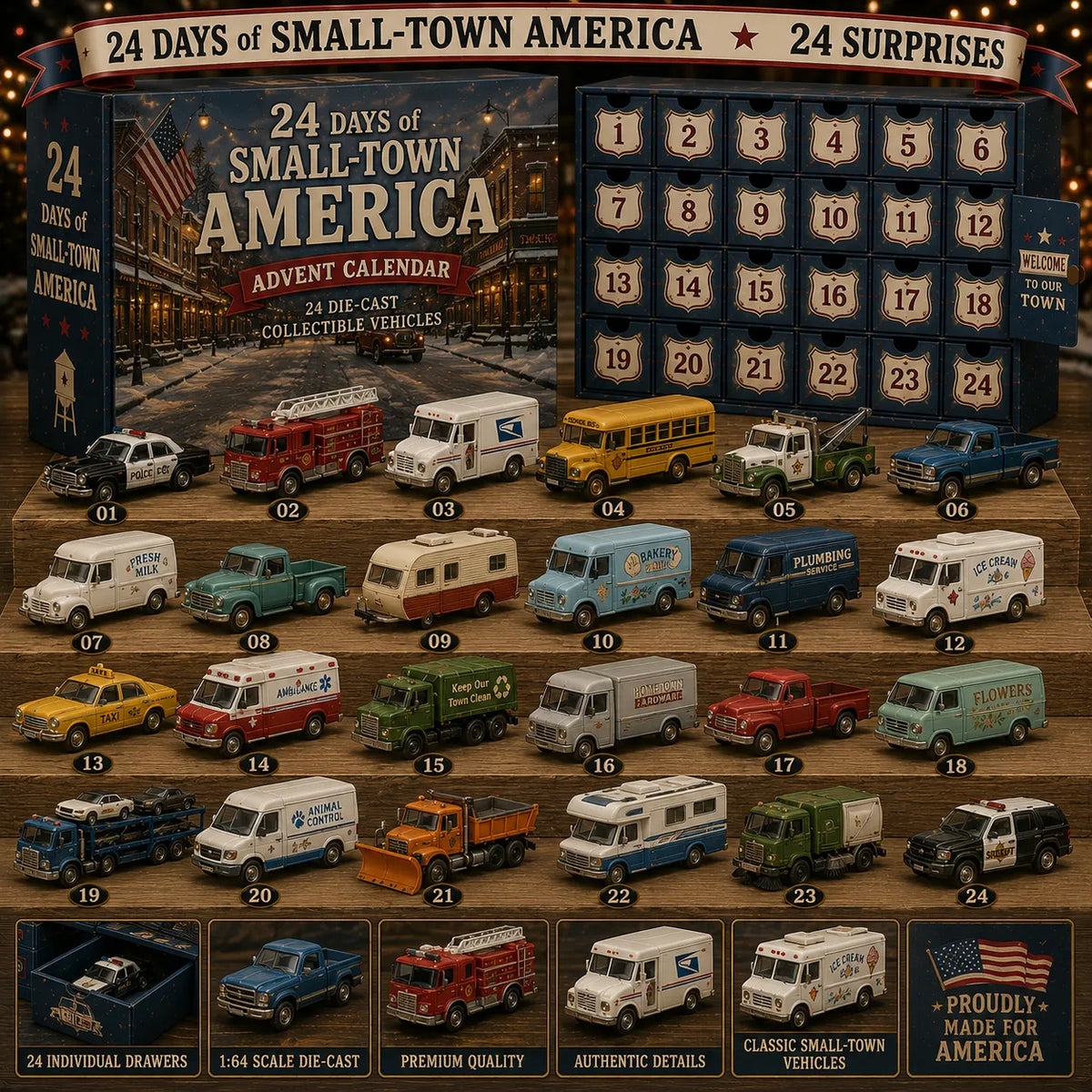 ⏰Limited Time 50% OFF:24 Days of Small-Town America Advent Calendar – 24 Collectible Miniature Vehicles